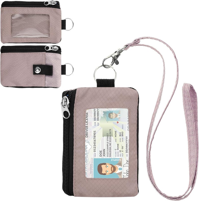ZHOMA Minimalist RFID Wallet with Lanyard, Multi-Functional ID Case with 2 Zipper Pockets and Key Chain for Men and Women, Tactical Badge Pouch Cards Holder, Coin Purse for Travel Sports - Gray&Pink - Image 1